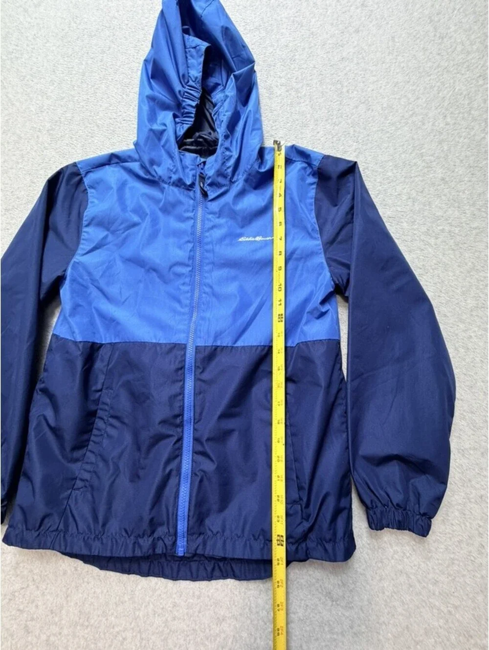 Eddie Bauer Youth Windbreaker Jacket L 14/16 Blue Navy Color Block Hooded Full